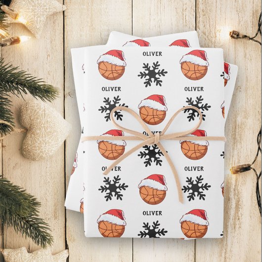 Basketball Ball mit roter Weihnachtsmannmütze Snow Geschenkpapier Set