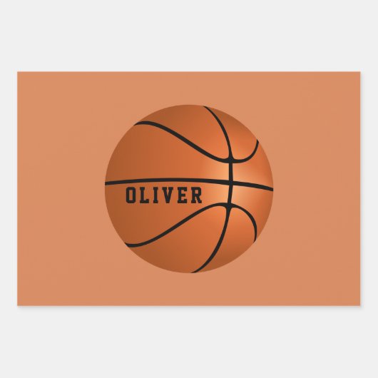 Basketball Ball Muster Kinder Geburtsname Geschenkpapier Set (Vorderseite)