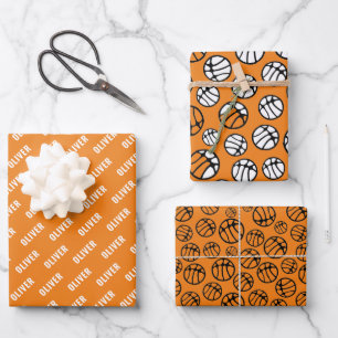Basketball Ball Muster Orange Name Geschenkpapier Set