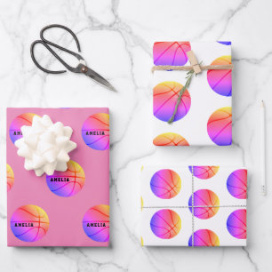 Basketball Ball Muster Pink Kinder Name Sport  Geschenkpapier Set