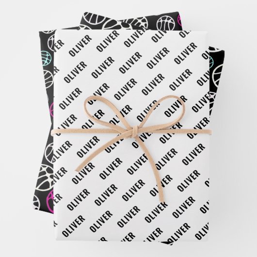 Basketball Ball Muster Sport Schwarz und Weiß Name Geschenkpapier Set (Beispiel)