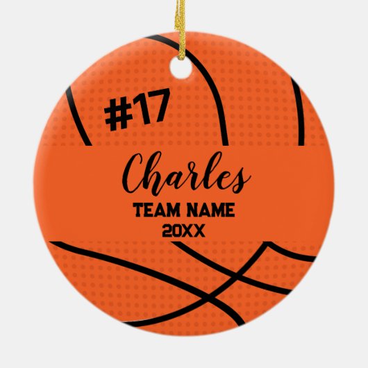 Basketball Ball Player | Individuelle Name-Nummer Keramik Ornament (Hinten)