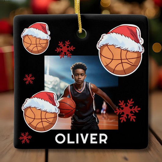Basketball Ball Santa Hat Name Photo Christmas Keramikornament
