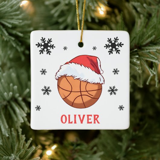 Basketball Ball Santa Hat Snowflake Name Keramikornament (Baum)