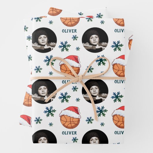 Basketball Ball Weihnachtsmannmütze Snowflake Name Geschenkpapier Set (Beispiel)