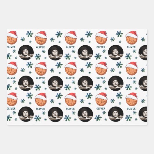 Basketball Ball Weihnachtsmannmütze Snowflake Name Geschenkpapier Set (Vorderseite)