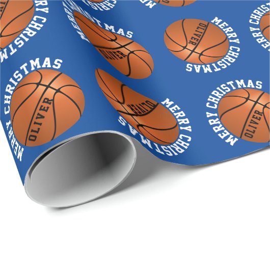 Basketball Balls Kinder Name Blau Frohe Weihnachte Geschenkpapier (Rolleneckpunkt)