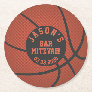 Basketball Bar Mitzvah Orange Schwarz Runder Pappuntersetzer