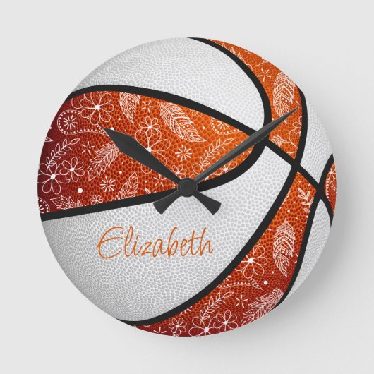 Basketball-Basketball mit orangefarbenem Federball Runde Wanduhr (Vorderseite)
