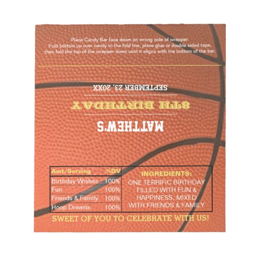 Basketball Birthday Favor Chocolate Candy Wrappers Notizblock (Vorderseite)