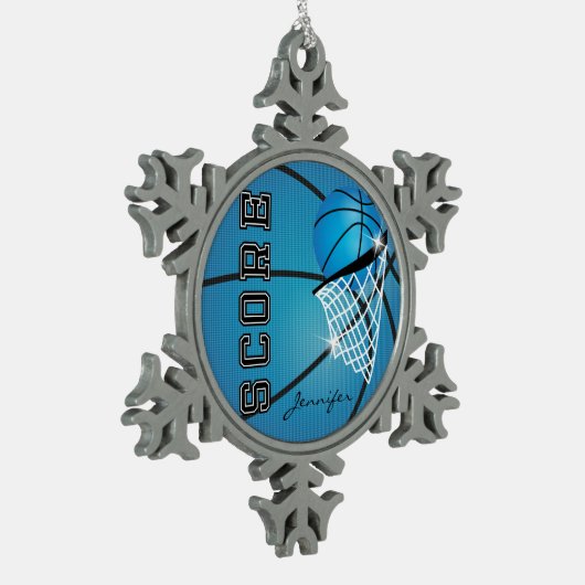 Basketball | Blau | Personalisieren Schneeflocken Zinn-Ornament (Links)