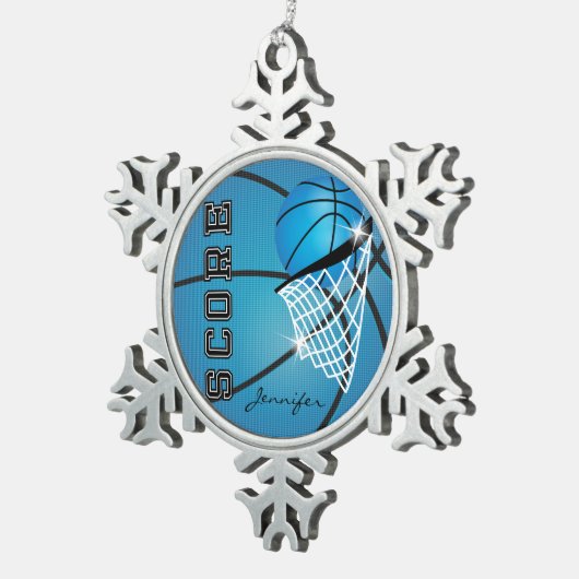 Basketball | Blau | Personalisieren Schneeflocken Zinn-Ornament (Rechts)