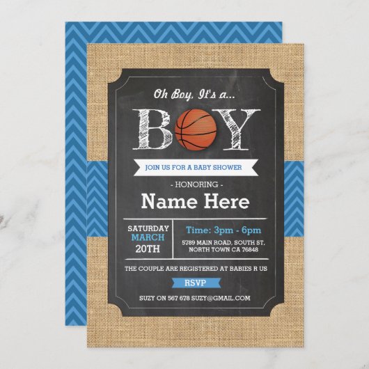 BasketBall Blue Boy Baby Showsport Einladung (Vorne/Hinten)