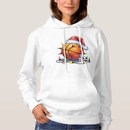 Basketball Christmas Lights Santa Hat Watercolor Hoodie