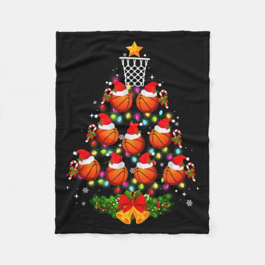 Basketball Christmas Tree Lights Red Santa Hat Xma Fleecedecke (Vorderseite)