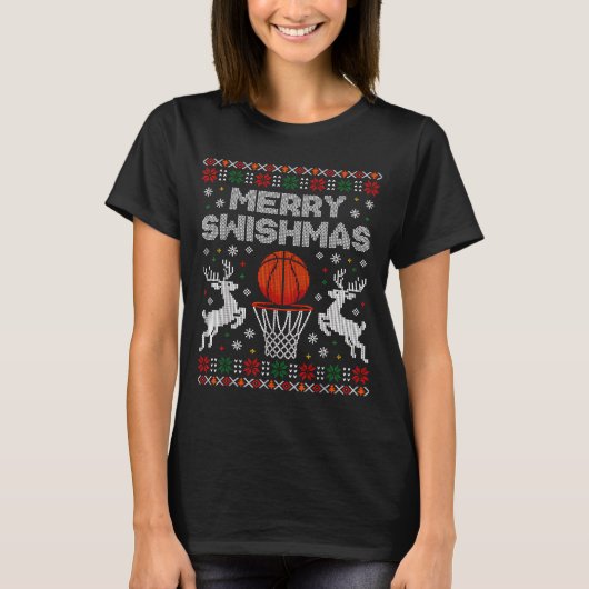 Basketball Christmas Ugly Sweater Merry Swishmas M T-Shirt (Vorderseite)