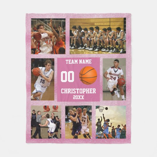 Basketball Foto Collage Rosa Glitzer Fleecedecke (Vorderseite)