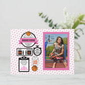 Basketball Foto Geburtstag Pink Sport Party Girls Einladung (Stehend Vorderseite)