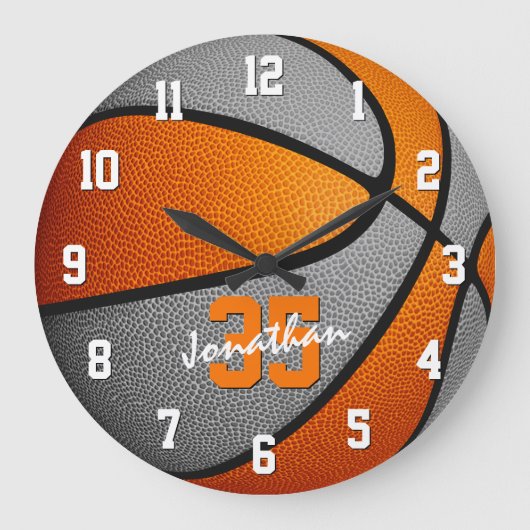 Basketball für orange-graue Jungen personalisiert Große Wanduhr (Vorderseite)