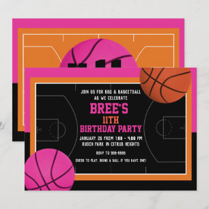 Basketball-Geburtstagsfeier Schwarz Pink & Orange Einladung