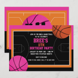 Basketball Geburtstagsparty Black Pink & Orange Einladung