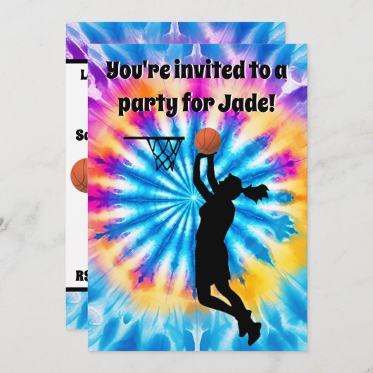 Basketball Girl Custom Krawatte Dye Rainbow Birthd Einladung (Vorne/Hinten)