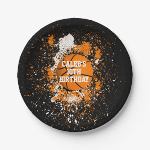 Basketball Grunge Paint Spritzer Orange Black Pappteller