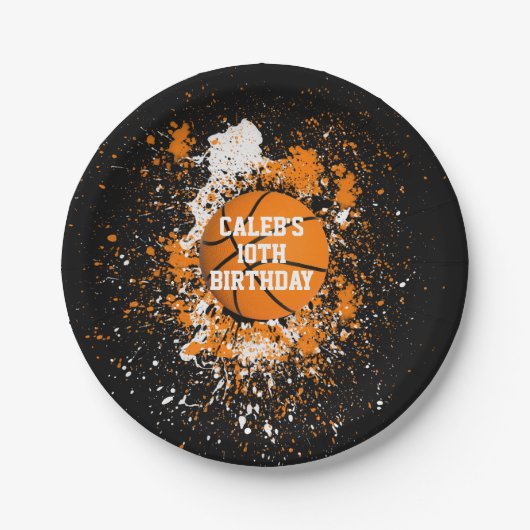 Basketball Grunge Paint Spritzer Orange Black Pappteller (Vorderseite)
