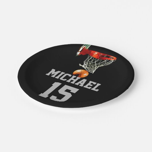 Basketball Ihr Name Pappteller (Schrägansicht)
