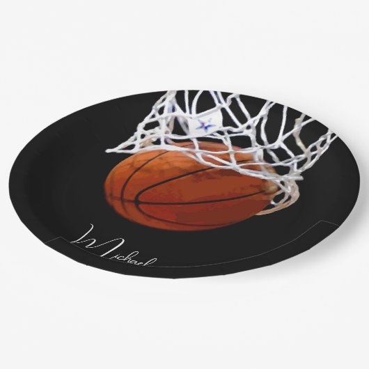 Basketball Ihr Name Pappteller (Schrägansicht)