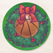 Basketball im Weihnachtskranz Runder Pappuntersetzer (Vorderseite)