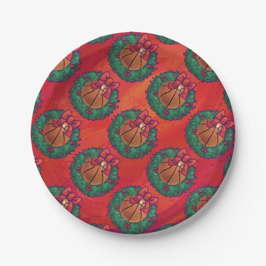Basketball in Holly Wreath Pattern auf Rot Pappteller (Vorderseite)