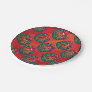 Basketball in Holly Wreath Pattern auf Rot Pappteller