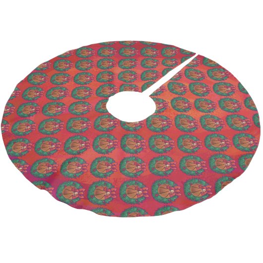 Basketball in Holly Wreath Pattern auf Rot Polyester Weihnachtsbaumdecke (Schrägansicht)
