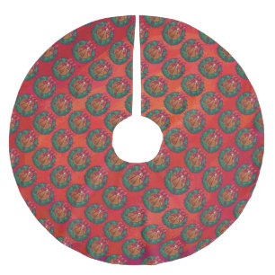 Basketball in Holly Wreath Pattern auf Rot Polyester Weihnachtsbaumdecke