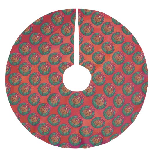 Basketball in Holly Wreath Pattern auf Rot Polyester Weihnachtsbaumdecke (Vorderseite)