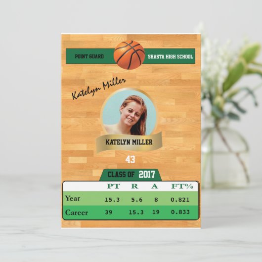 Basketball-Karte W/ Stats Grad Einladungen - grün (Stehend Vorderseite)