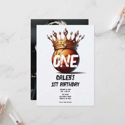 Basketball King Gold Crown Foto 1. Geburtstag Einladung (Vorderseite/Rückseite Beispiel)