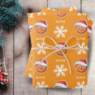 Basketball mit roter Santa-Mütze Schneeflocken-Nam Geschenkpapier Set