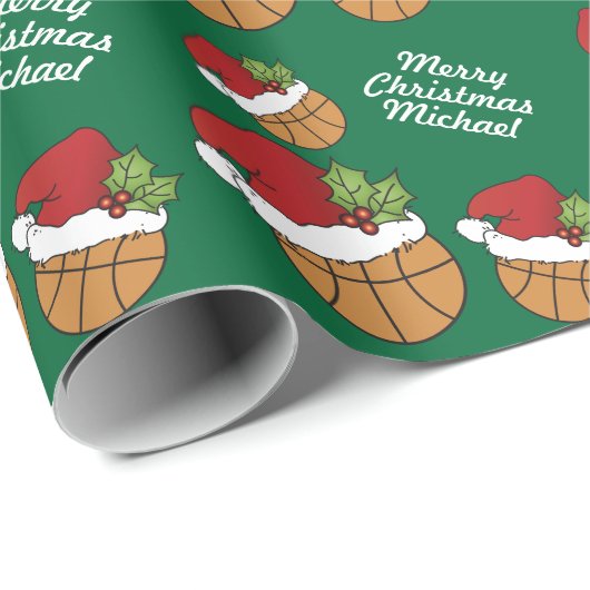 Basketball mit Weihnachtsmannmütze Geschenkpapier (Rolleneckpunkt)