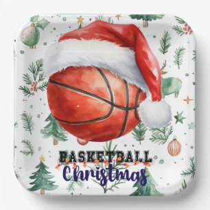 Basketball mit Weihnachtsmannmütze zu Weihnachten Pappteller