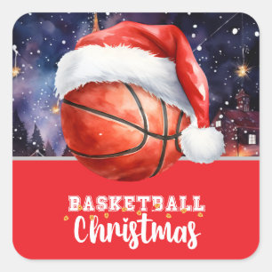 Basketball mit Weihnachtsmannmütze zu Weihnachten Quadratischer Aufkleber