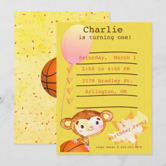 Basketball-Monkey Geburtstagsparty Einladung (Vorne/Hinten)