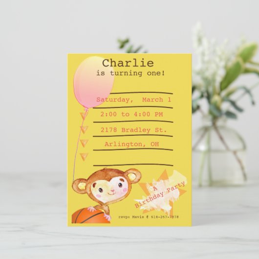 Basketball-Monkey Geburtstagsparty Einladung (Stehend Vorderseite)