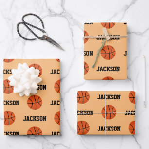 Basketball Namensmuster Kids Orange Geschenkpapier Set