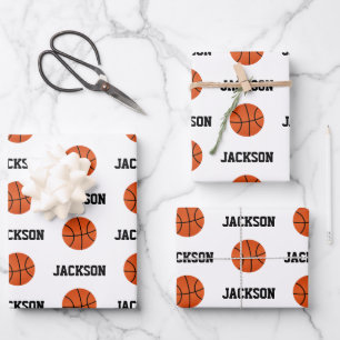 Basketball Namensmuster Kinder weiß Geschenkpapier Set