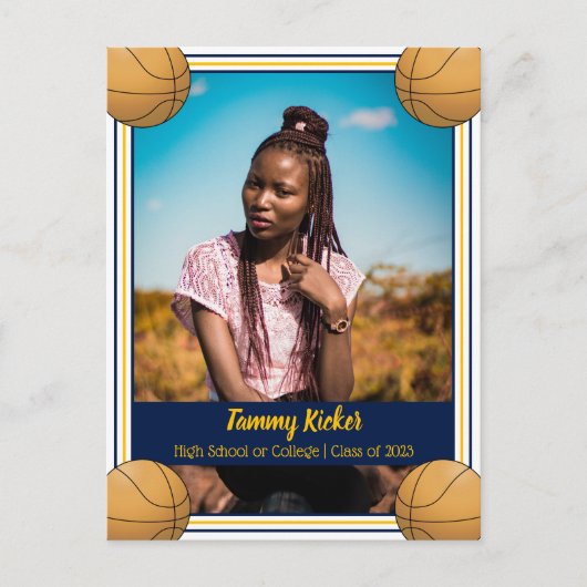 Basketball Navy & Gold Abschluss Ankündigungspostkarte (Vorderseite)