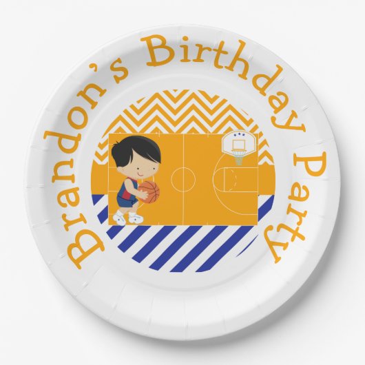 Basketball Niedlich Black Hair Boy Pappteller (Vorderseite)