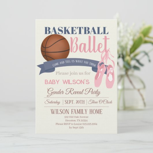 Basketball oder Ballett Geschlechtsenthüllungsfeie Einladung (Stehend Vorderseite)