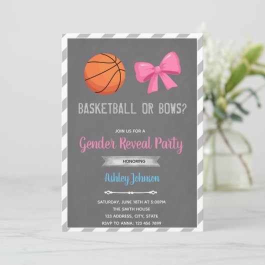 Basketball oder Bows Geschlecht Einladung (Stehend Vorderseite)